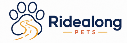 featuring a navy blue paw print with a winding orange road graphic, alongside the brand name 'Ridealong PETS' in navy and orange on a white background.